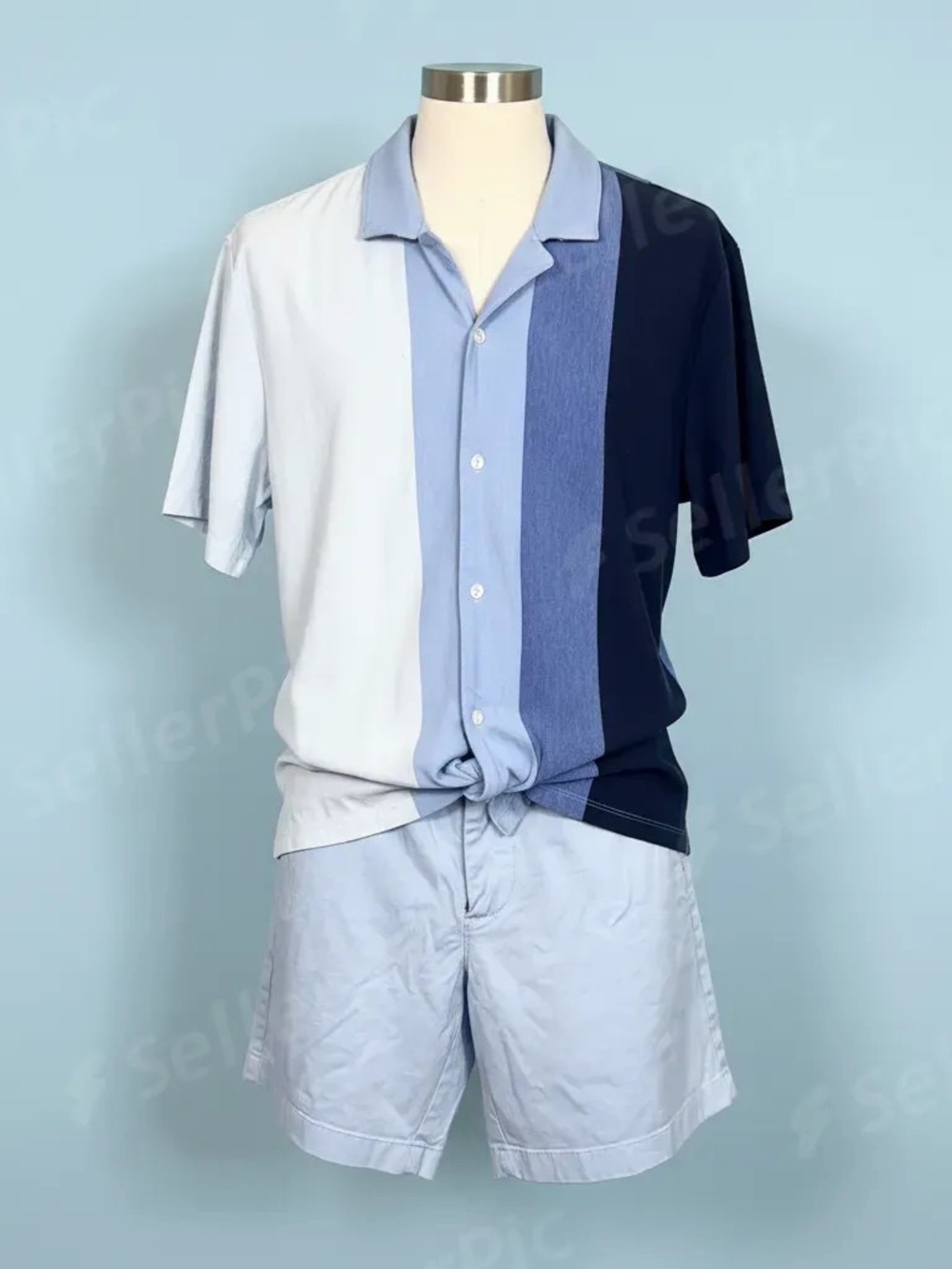 Men's Block Stripe Short-Sleeve Shirt - Light Blue / Navy Express -Jcrew shorts